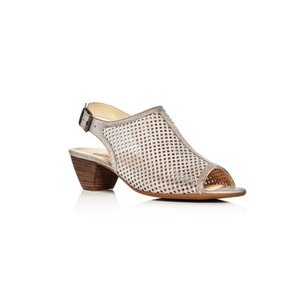 NEW - PAUL GREEN Gray Metallic Arch Support Lois Block Heel Leather Slingback